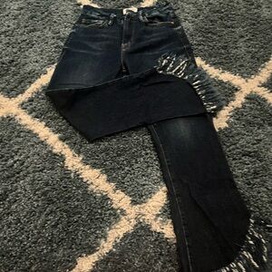 Frame Denim Dark Blue Flare Jeans with Fringe